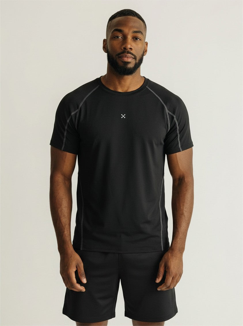 A model wearing an EHG SmartWellness black performance training t-shirt with gray contrast stitching and round neck.