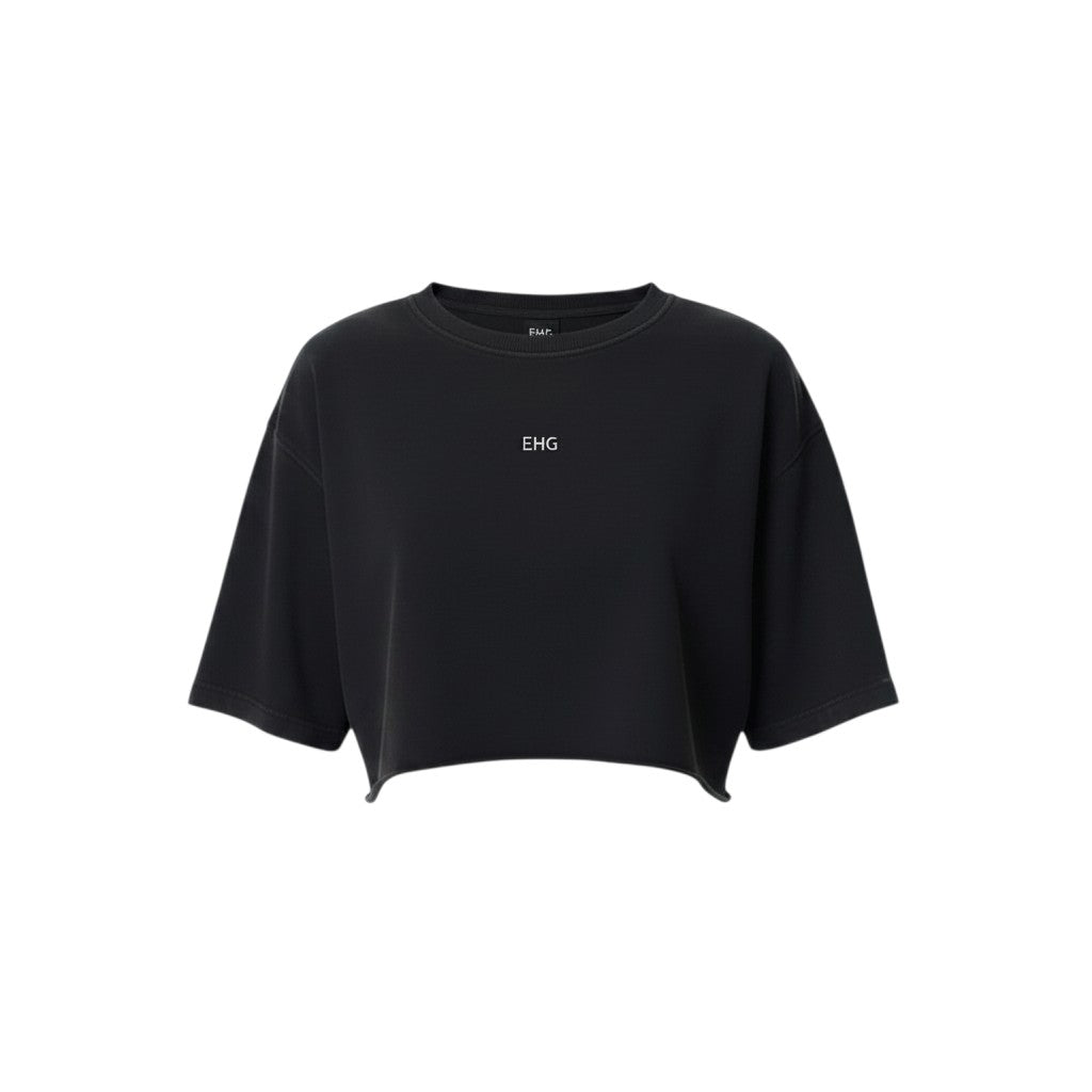 EHG SmartWellness black snow-washed cotton crop top with a round neck, dropped shoulders, and raw-edge hem.