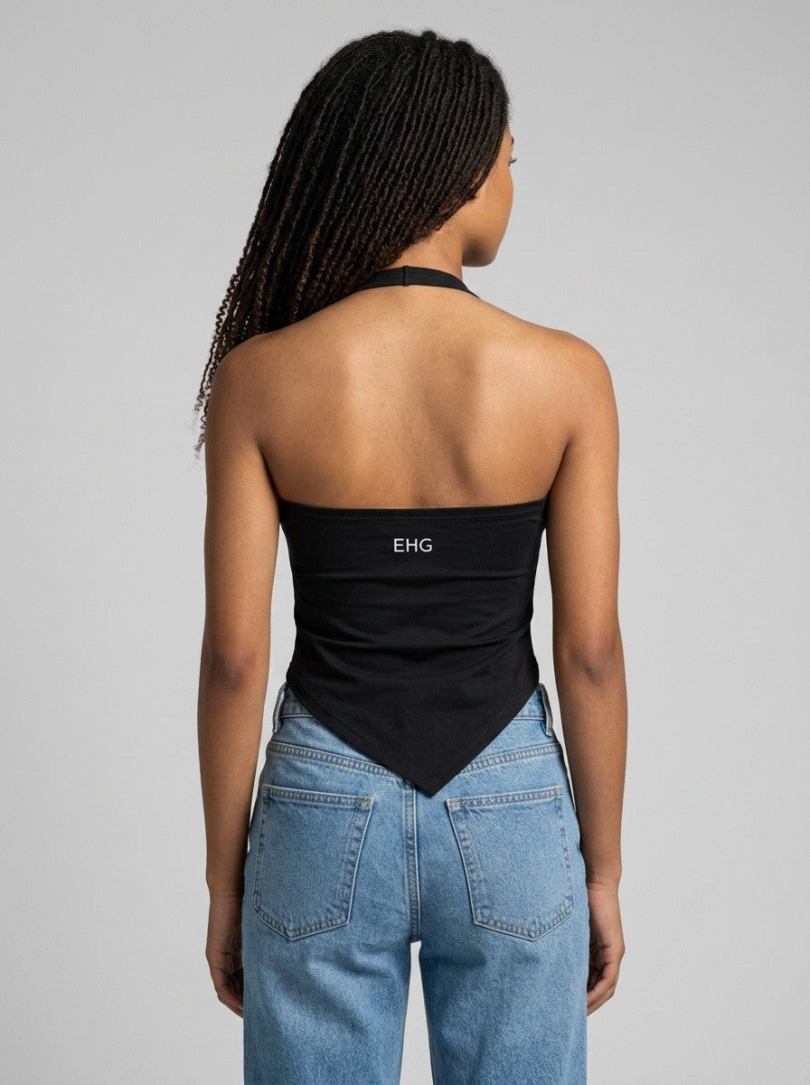 Back view of EHG SmartWellness black halter neck yoga tank top with ruched front and cropped bodycon fit on a model.
