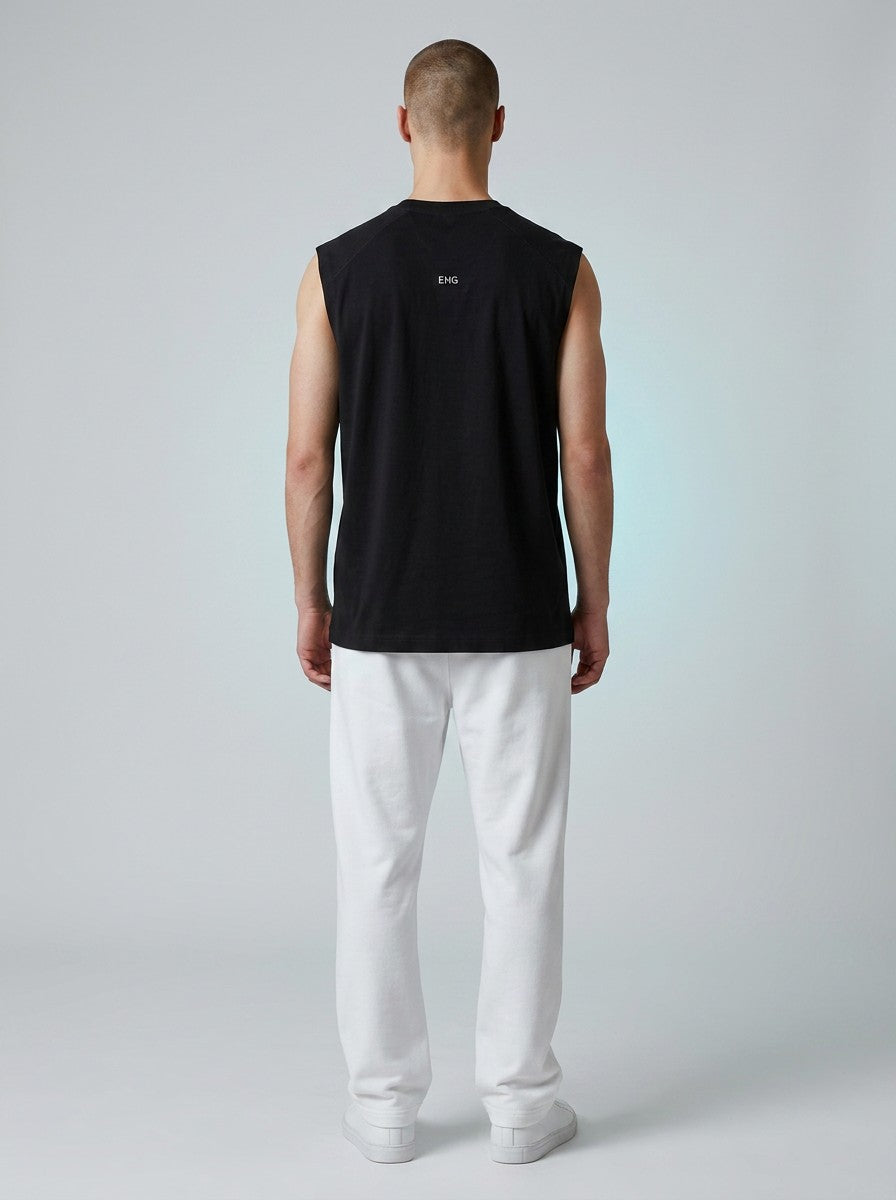 Back view of a man wearing an EHG SmartWellness black heavyweight cotton tank top with a relaxed fit.