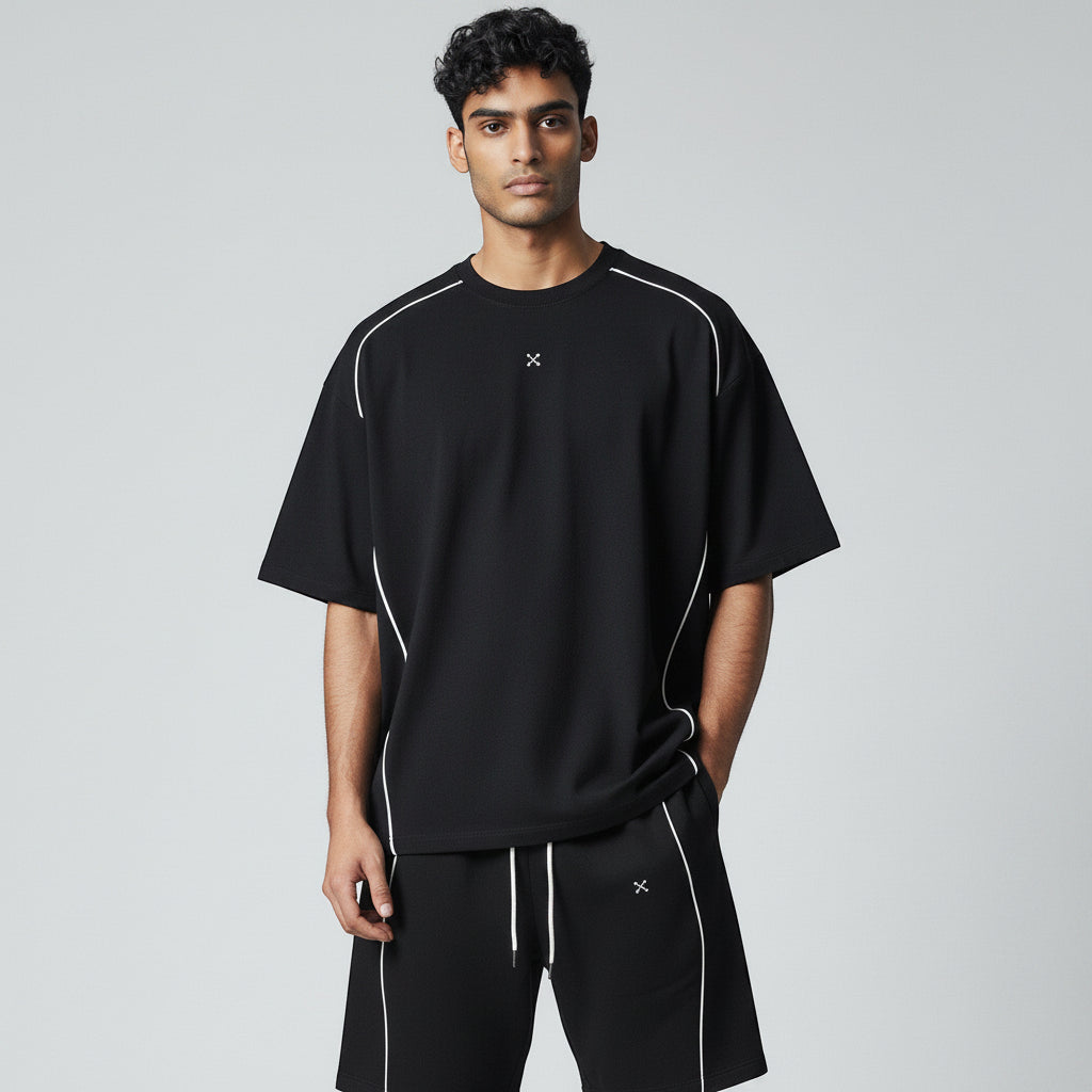 Model wearing EHG SmartWellness black boxy piping t-shirt and matching drawstring shorts with white contrast detailing.