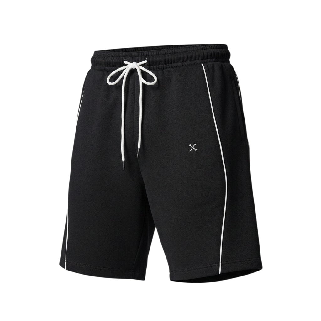 EHG SmartWellness black drawstring shorts with white piping detail and an elastic waistband