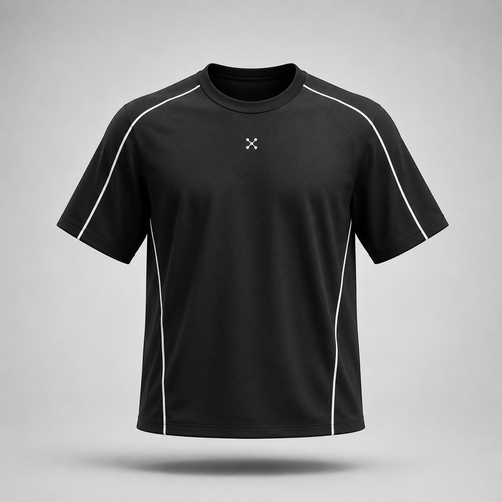 EHG SmartWellness black boxy t-shirt with white piping detail and small logo on chest