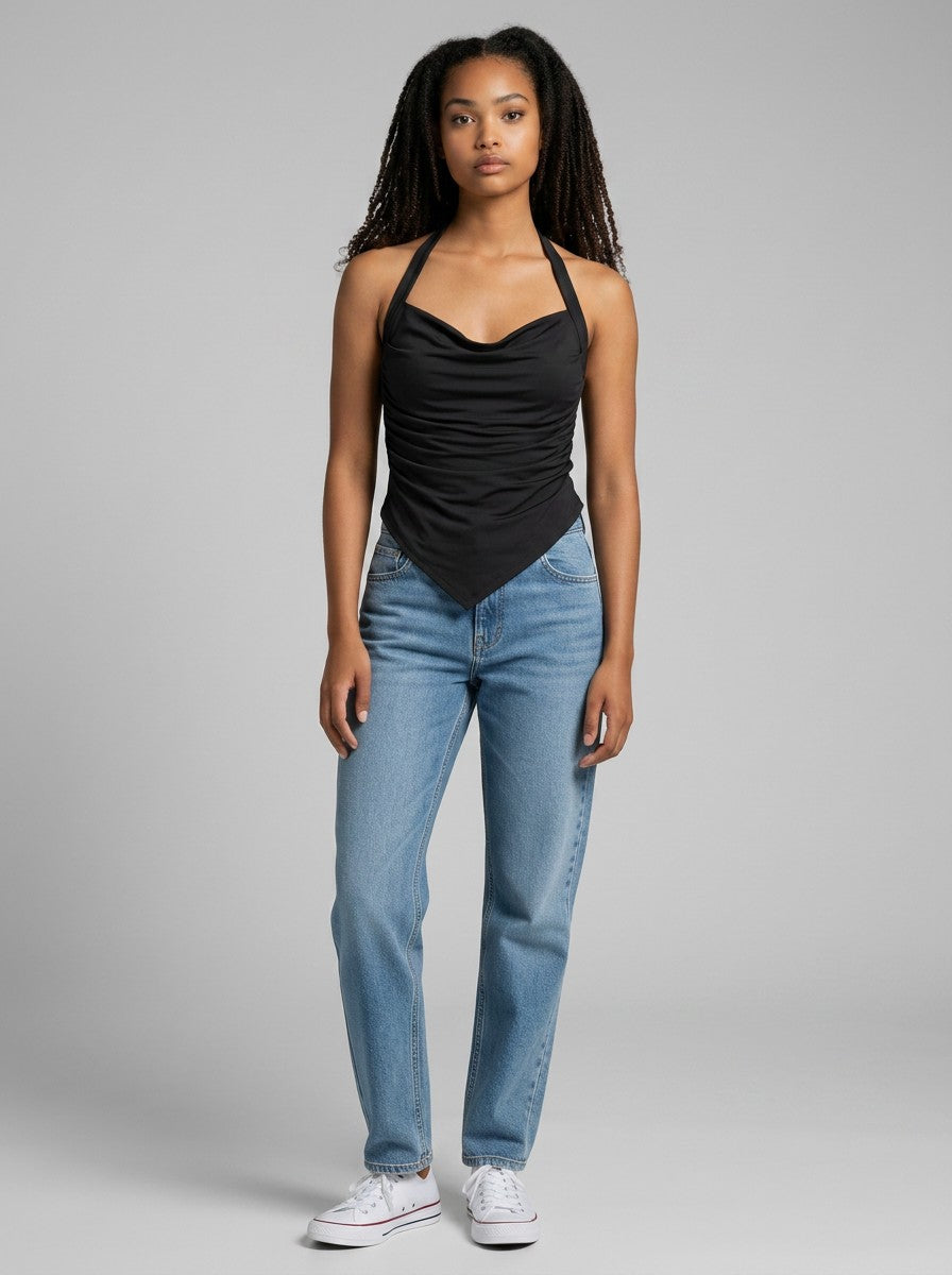 EHG SmartWellness black ruched halter neck yoga tank top worn by a model with blue jeans and white sneakers.