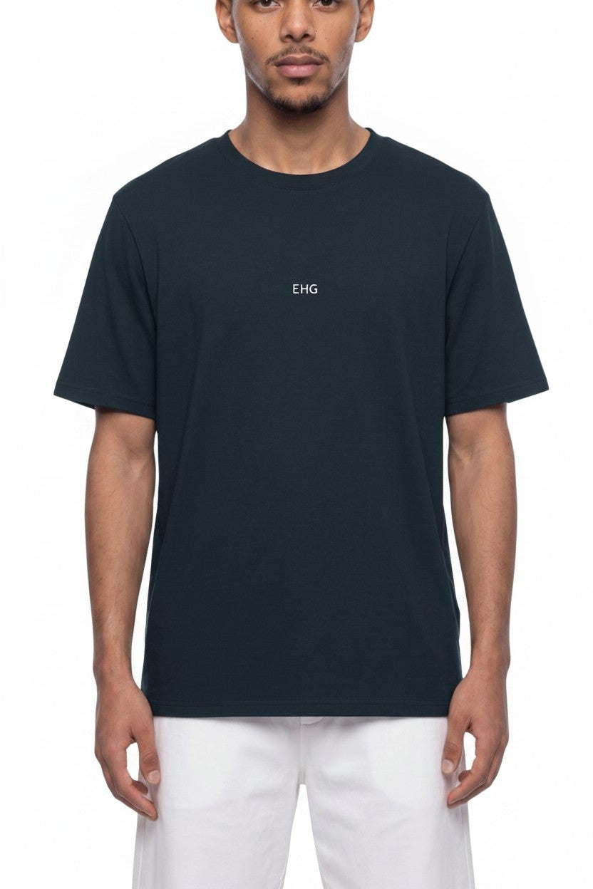 Model wearing an EHG SmartWellness black regular fit short sleeve training tee with a round neck and small logo.