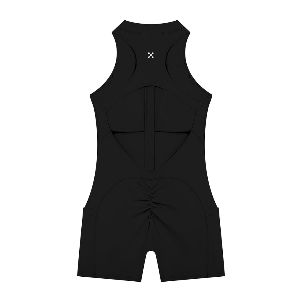 EHG SmartWellness black sleeveless yoga romper with a racerback design and ruched detailing on the back