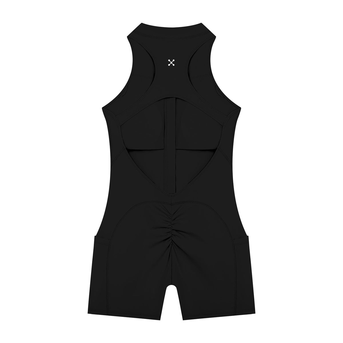EHG SmartWellness black sleeveless yoga romper with a racerback design and ruched detailing on the back