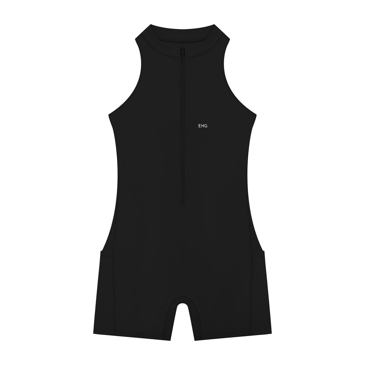 EHG SmartWellness black sleeveless yoga romper with a quarter-zip front and bodycon fit for activewear.