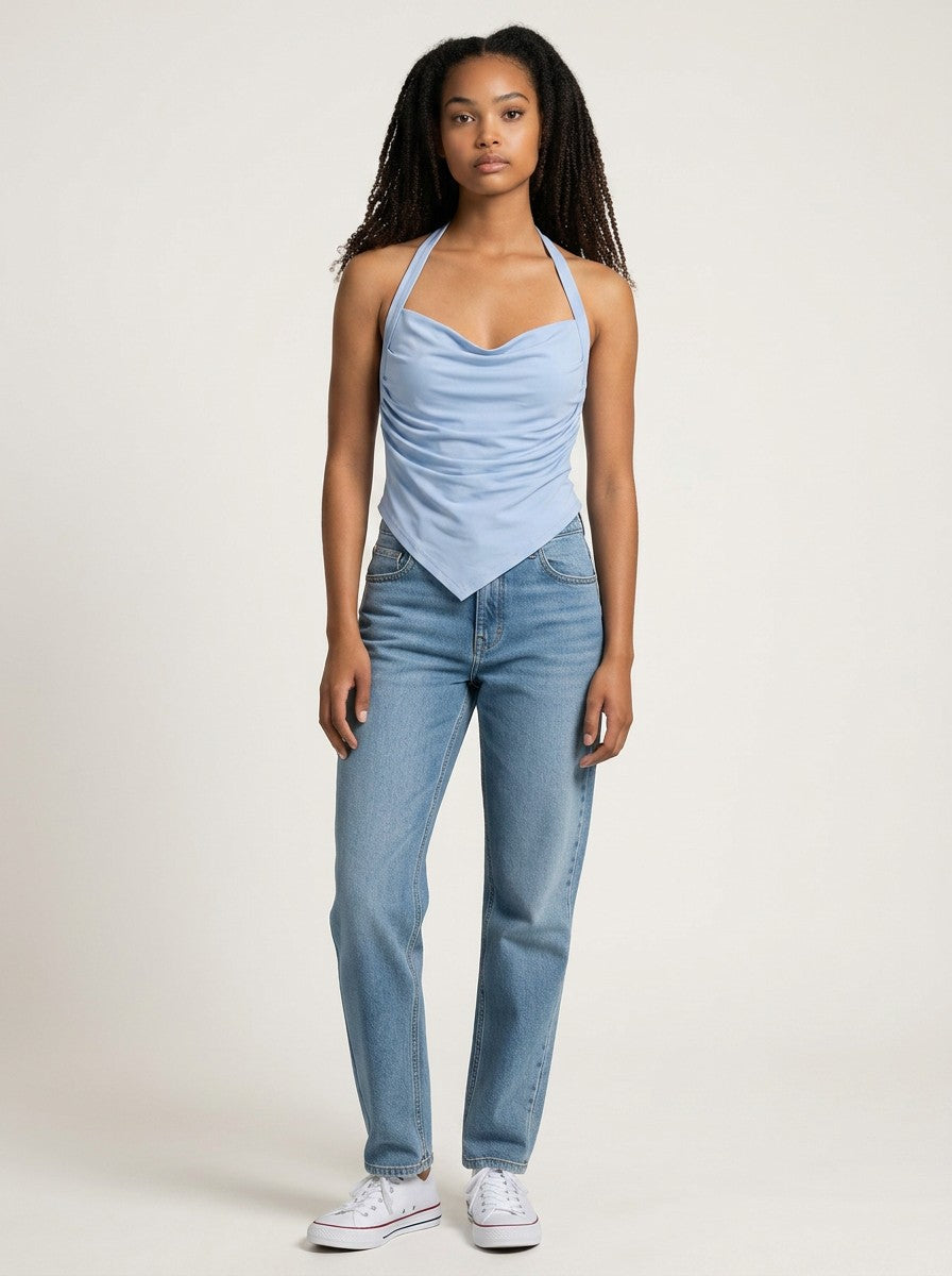Model wearing EHG SmartWellness light blue ruched halter neck yoga tank top with a cropped, bodycon fit.
