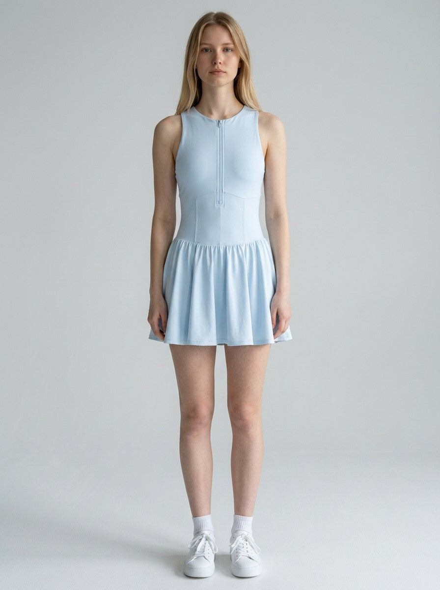 EHG SmartWellness light blue sleeveless ruched full-zip dress with a flared skirt worn by a model.