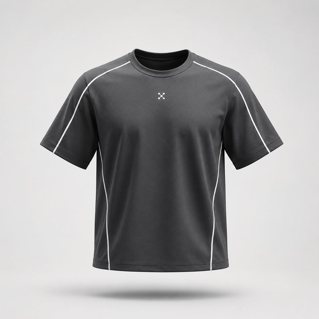 EHG SmartWellness charcoal grey boxy t-shirt with white piping details and small logo on chest