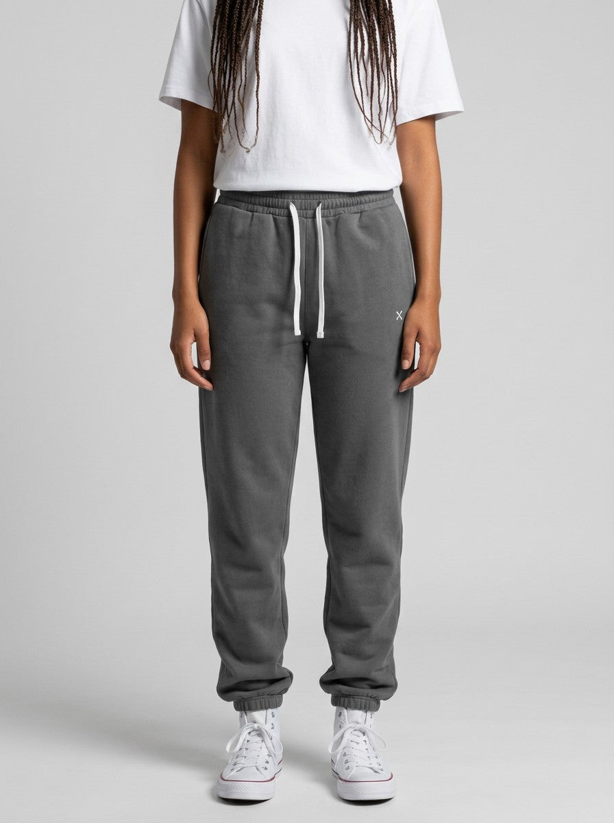 Model wearing EHG SmartWellness Essential Sweatpants in charcoal grey heavyweight cotton with a drawstring waist.