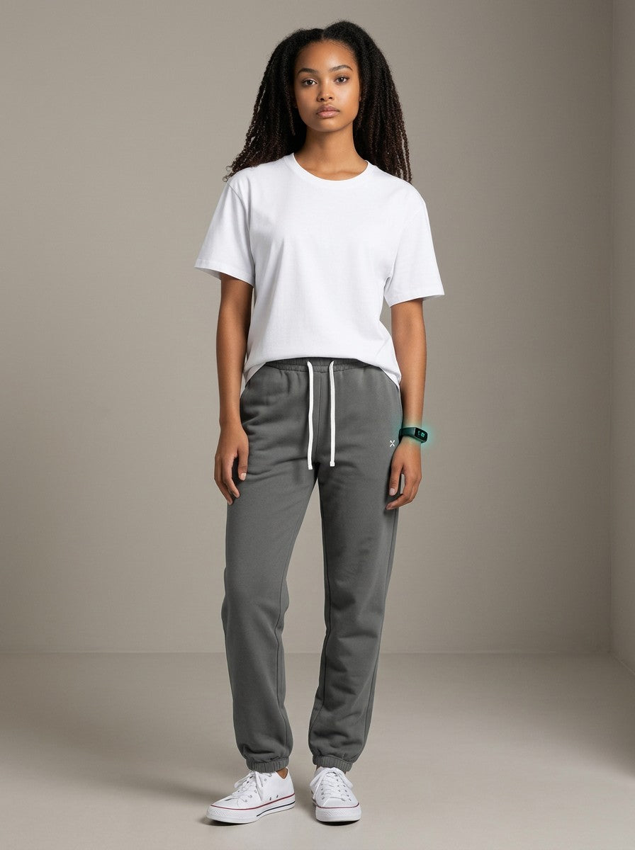 EHG SmartWellness unisex charcoal grey heavyweight cotton sweatpants with a drawstring waist worn by a model.