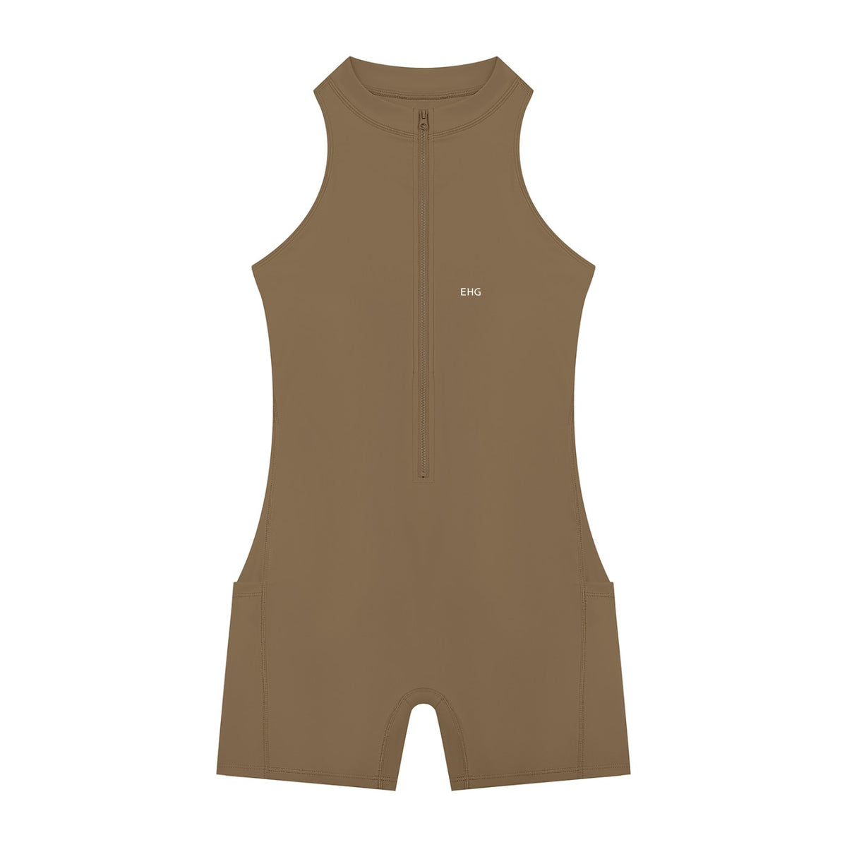 EHG SmartWellness coffee brown sleeveless yoga romper with a quarter-zip front and bodycon fit for activewear.