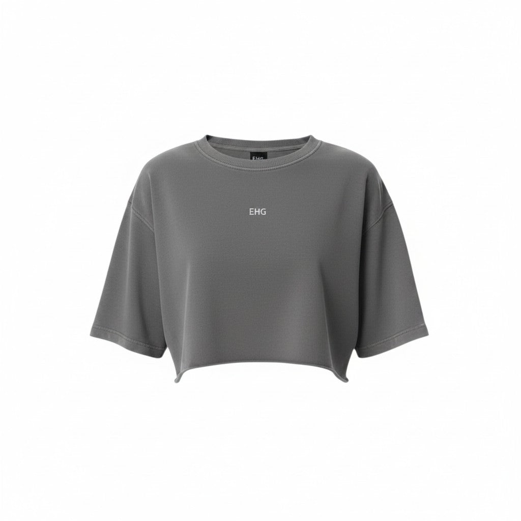EHG SmartWellness grey snow-washed cotton crop top with a relaxed fit, dropped shoulders, and raw-edge hem.