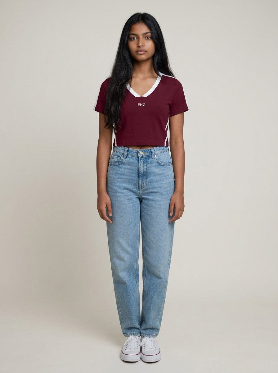 Model wearing EHG SmartWellness slim fit maroon V-neck t-shirt with white trim and short sleeves