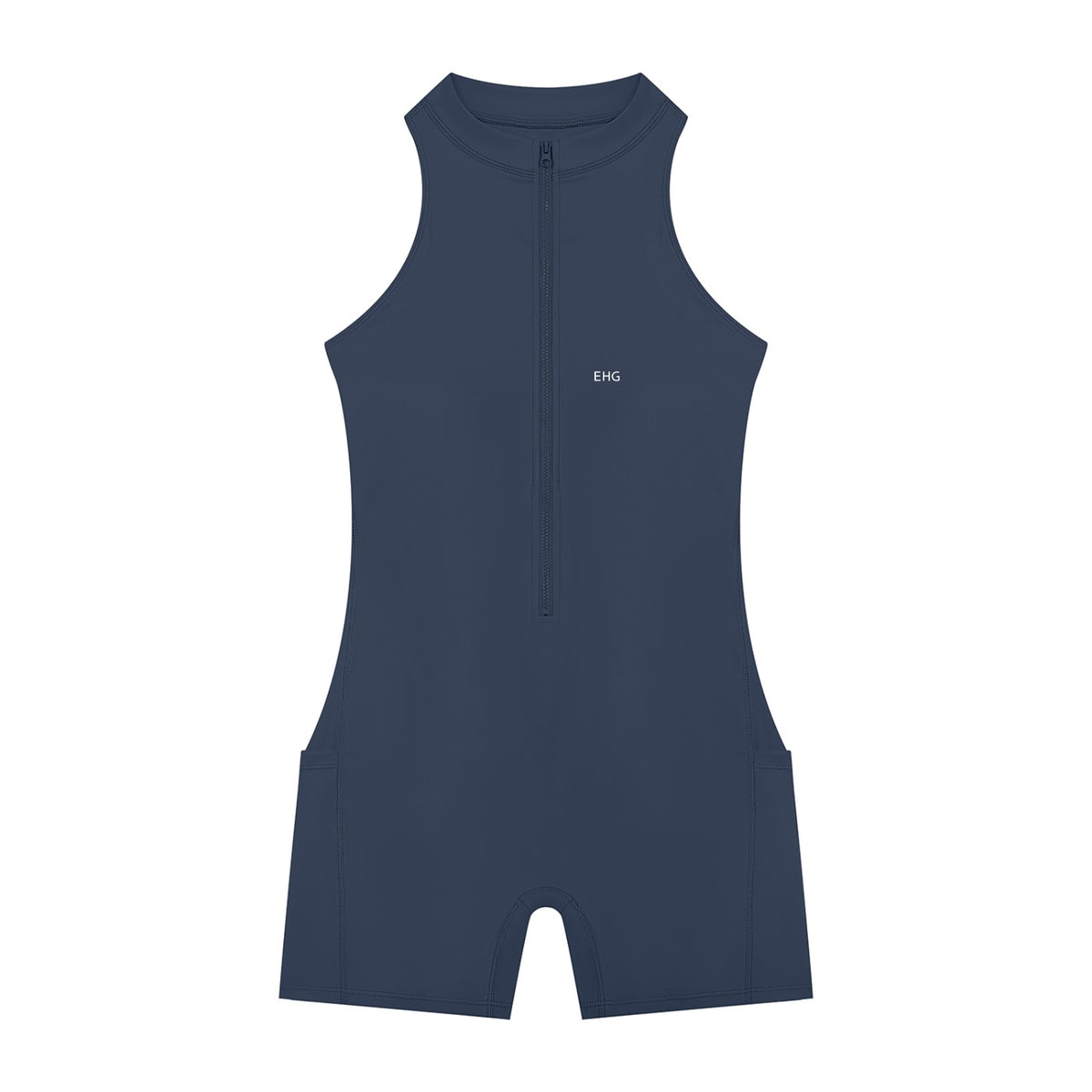 EHG SmartWellness navy blue sleeveless yoga romper with a quarter-zip front and bodycon fit for activewear.