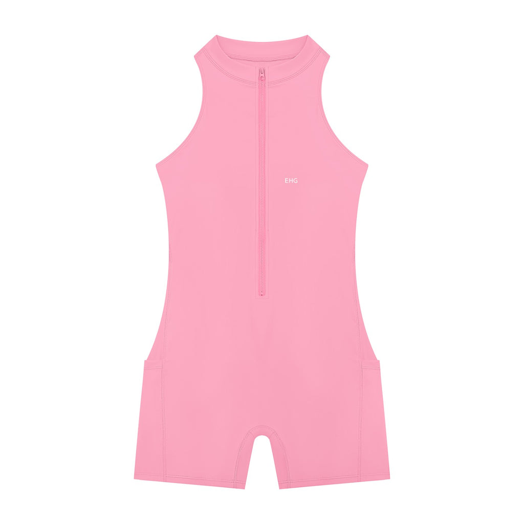 EHG SmartWellness pink sleeveless yoga romper with a quarter-zip front and bodycon fit in soft stretch fabric