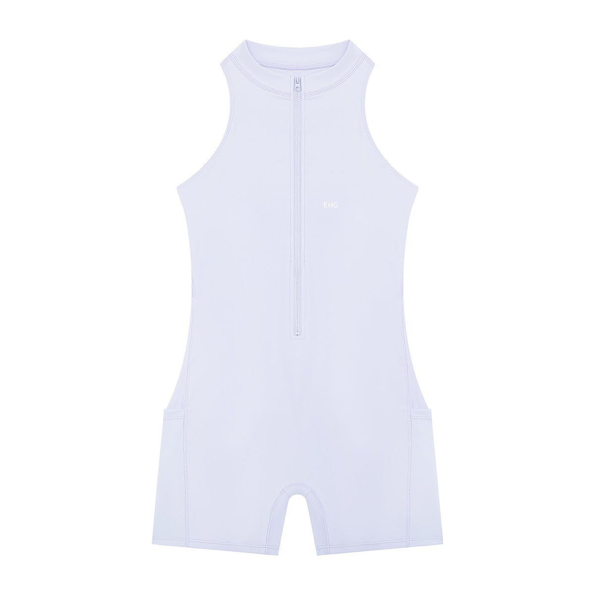 EHG SmartWellness purple sleeveless yoga romper with a quarter-zip front and bodycon fit for activewear.