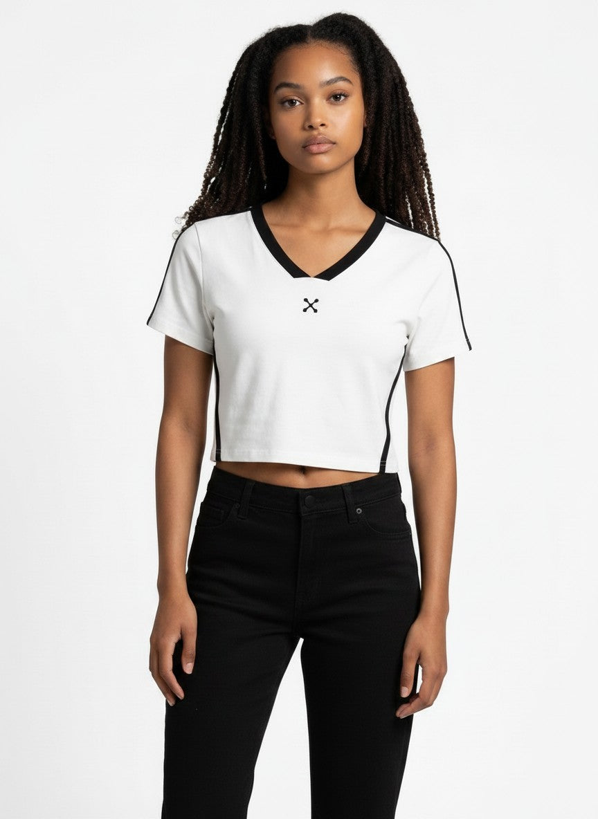 Model wearing EHG SmartWellness slim fit white and black colour block v-neck t-shirt with short sleeves