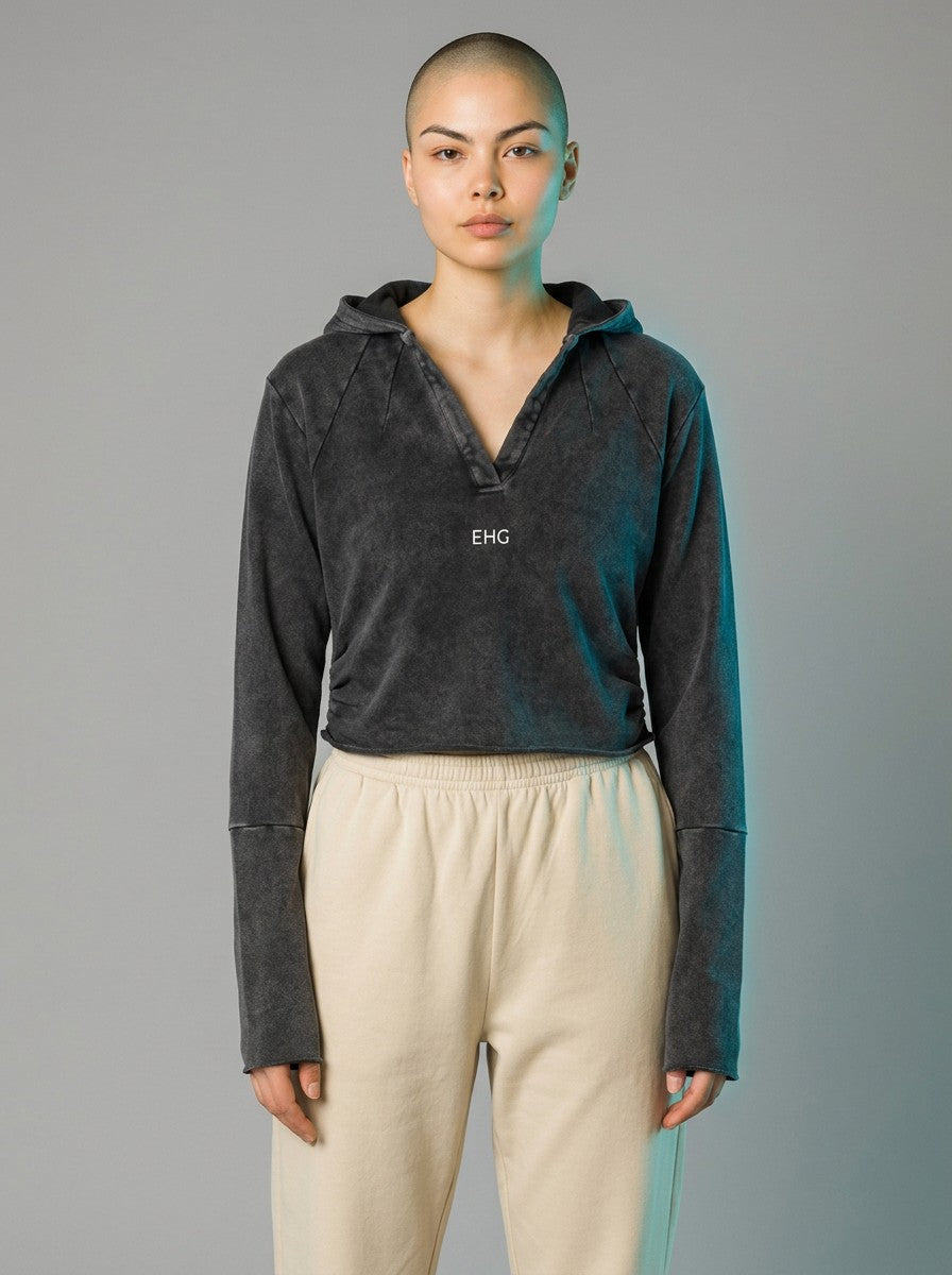EHG SmartWellness vintage washed charcoal grey cropped hoodie with raw edge detailing and a relaxed drop shoulder fit.