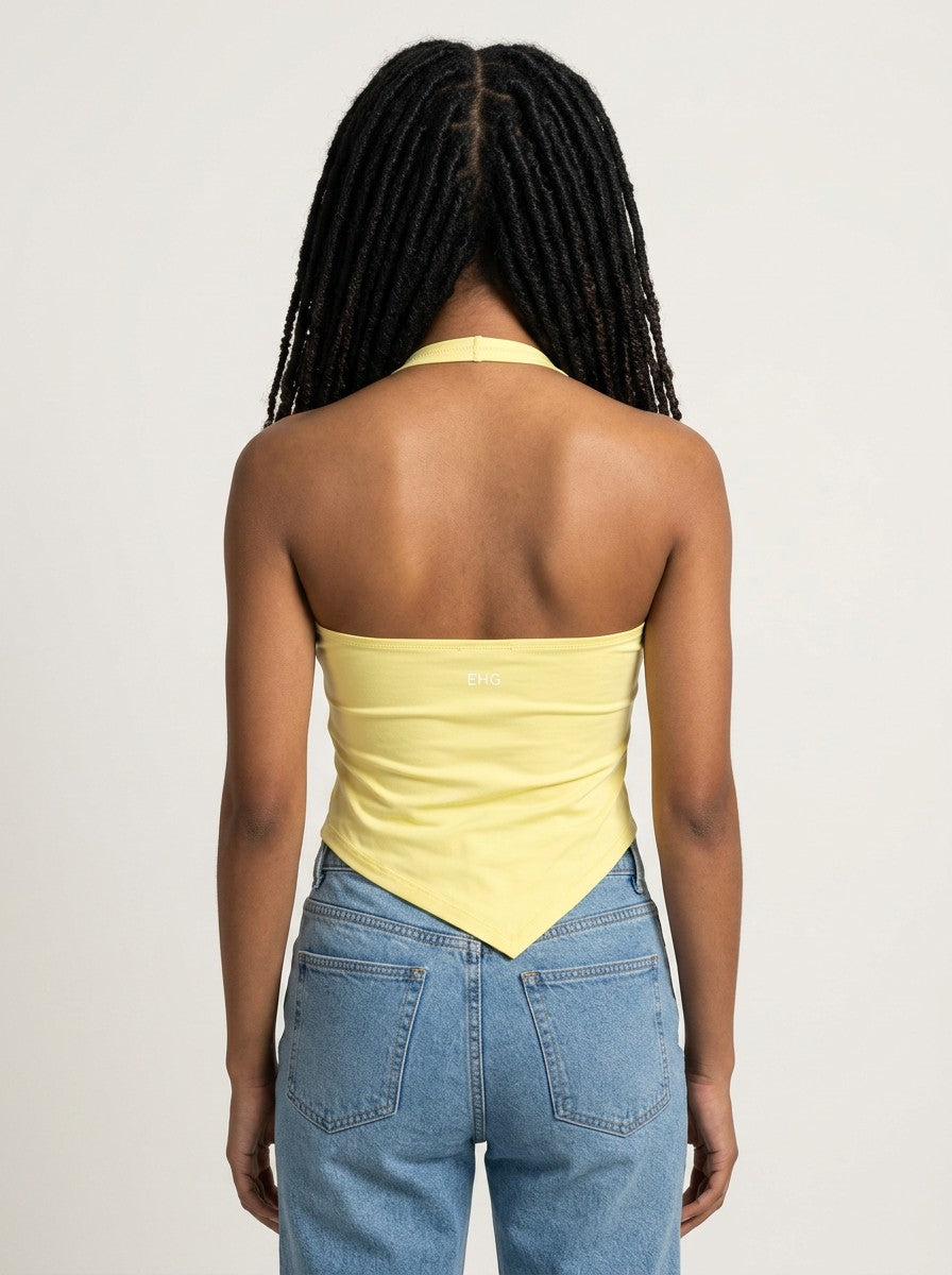 EHG SmartWellness yellow halter neck yoga tank top with ruched front and cropped bodycon fit, back view.