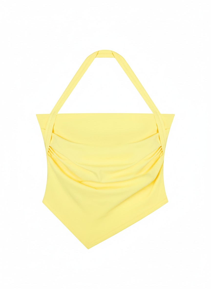 EHG SmartWellness yellow ruched halter neck yoga tank top in a stretchy nylon-elastane blend with a cropped fit.